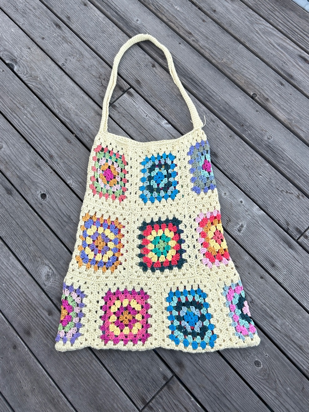 Huge Vintage Colorful Handmade Crochet Granny Square Tote Bag